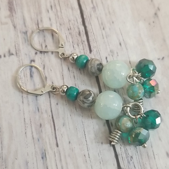 Jewelry - Cracked aqua, grey, green, silver beaded earrings